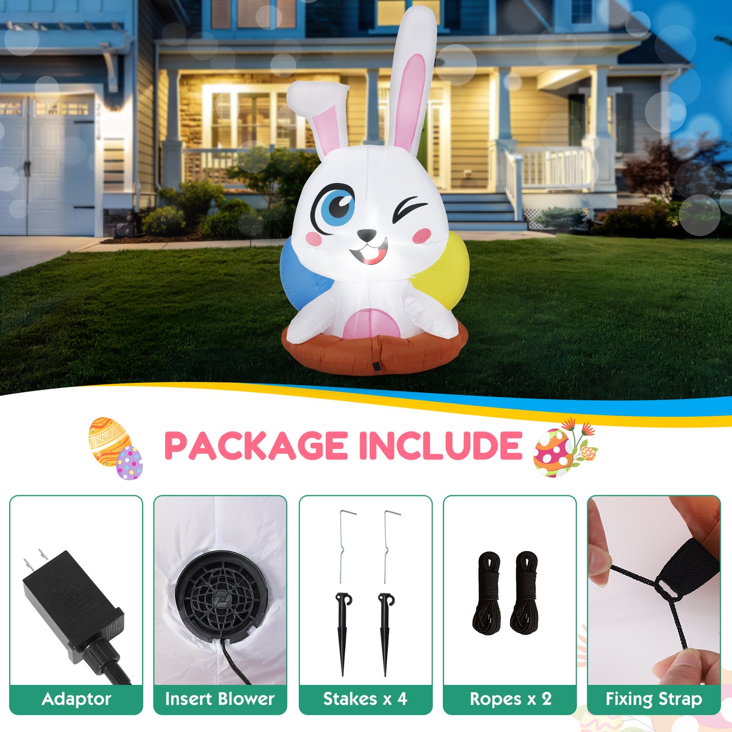 6.2FT Luminous LED Cartoon Easter Inflatable Rabbit Easter 4FT Inflatable Bunny Outdoor Decorations, Blow Up LED Lighted Giant Rabbit With Egg, Holiday Outside Decor For Home, Yard, Lawn, Garden